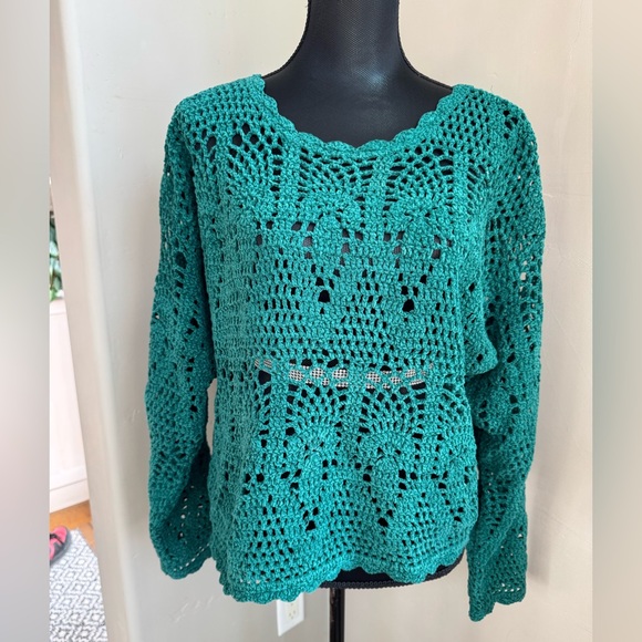 Vintage Forenza Teal Scalloped Y2K Knit Crew Neck Sweater Size Large - Picture 1 of 13
